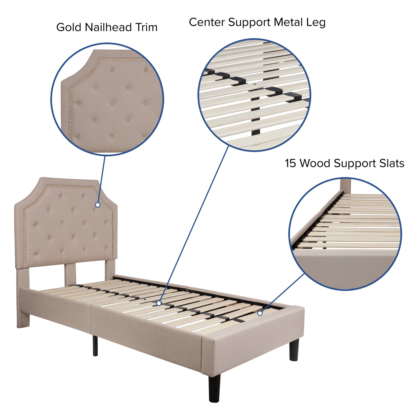 Brighton Twin Size Tufted Upholstered Platform Bed in Beige Fabric Beige