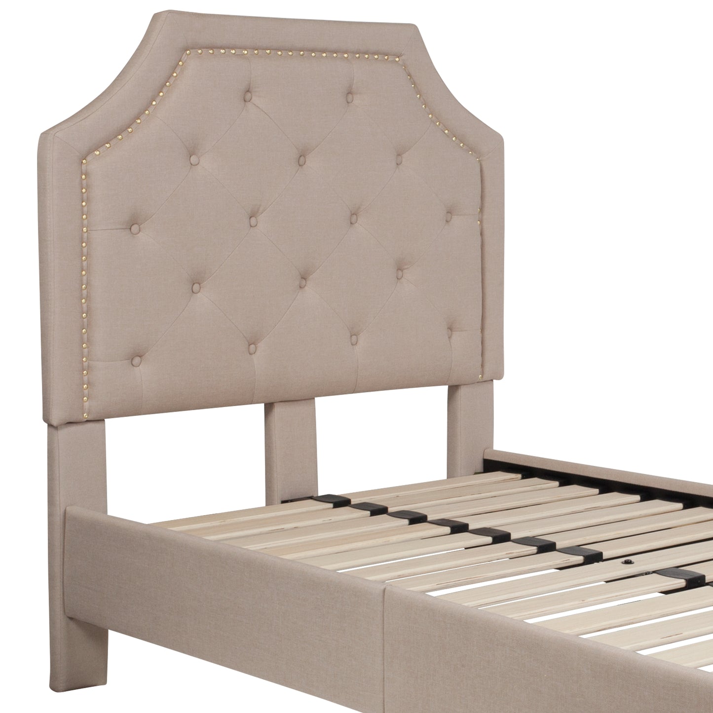 Brighton Twin Size Tufted Upholstered Platform Bed in Beige Fabric Beige