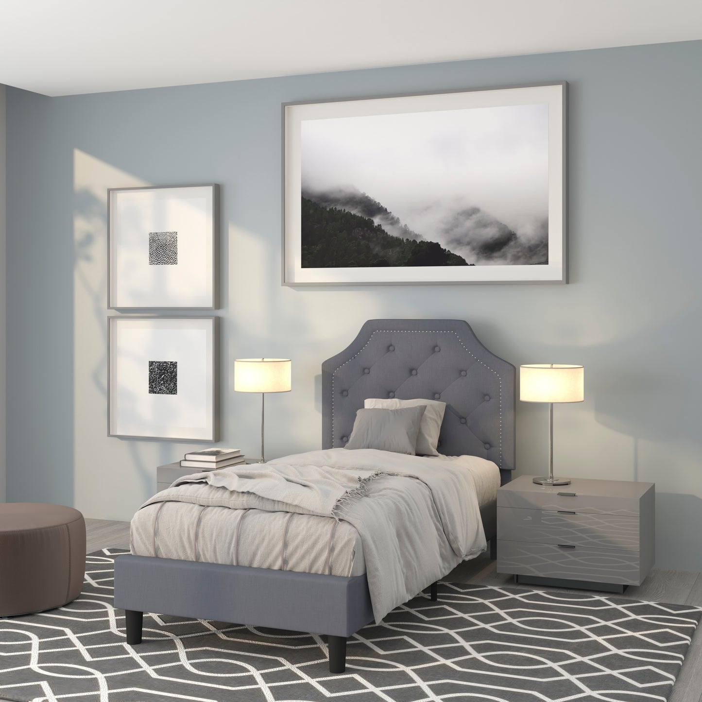 Brighton Twin Size Tufted Upholstered Platform Bed in Light Gray Fabric Light Gray