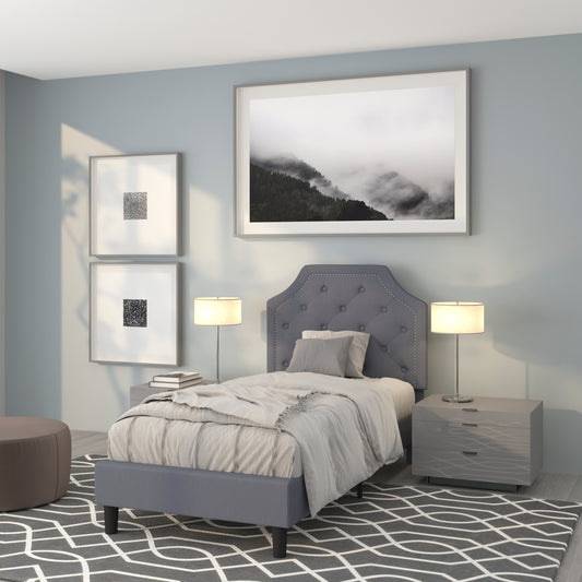 Brighton Twin Size Tufted Upholstered Platform Bed in Light Gray Fabric Light Gray SL-BK4-T-LG-GG