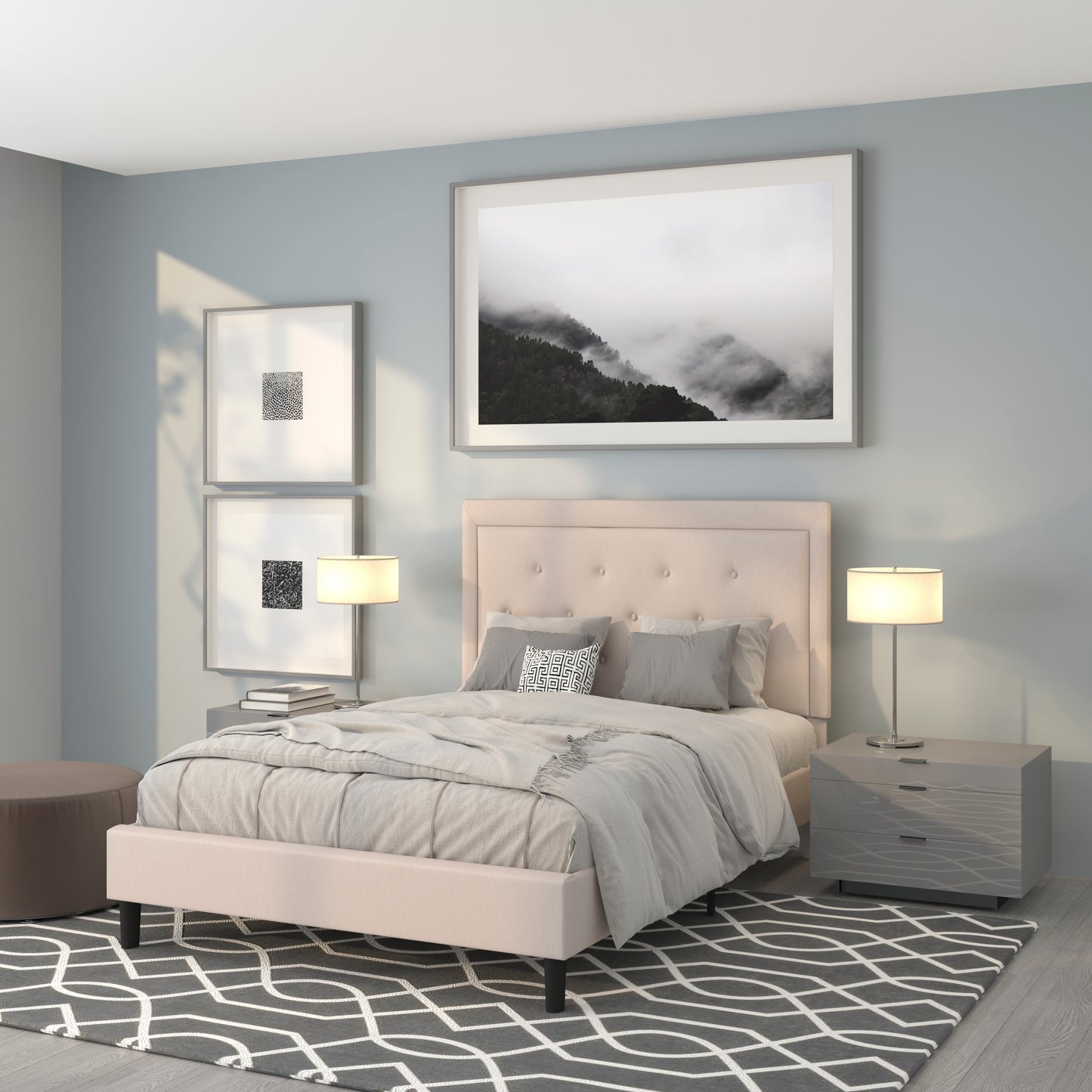 Roxbury Full Size Tufted Upholstered Platform Bed in Beige Fabric Beige SL-BK5-F-B-GG
