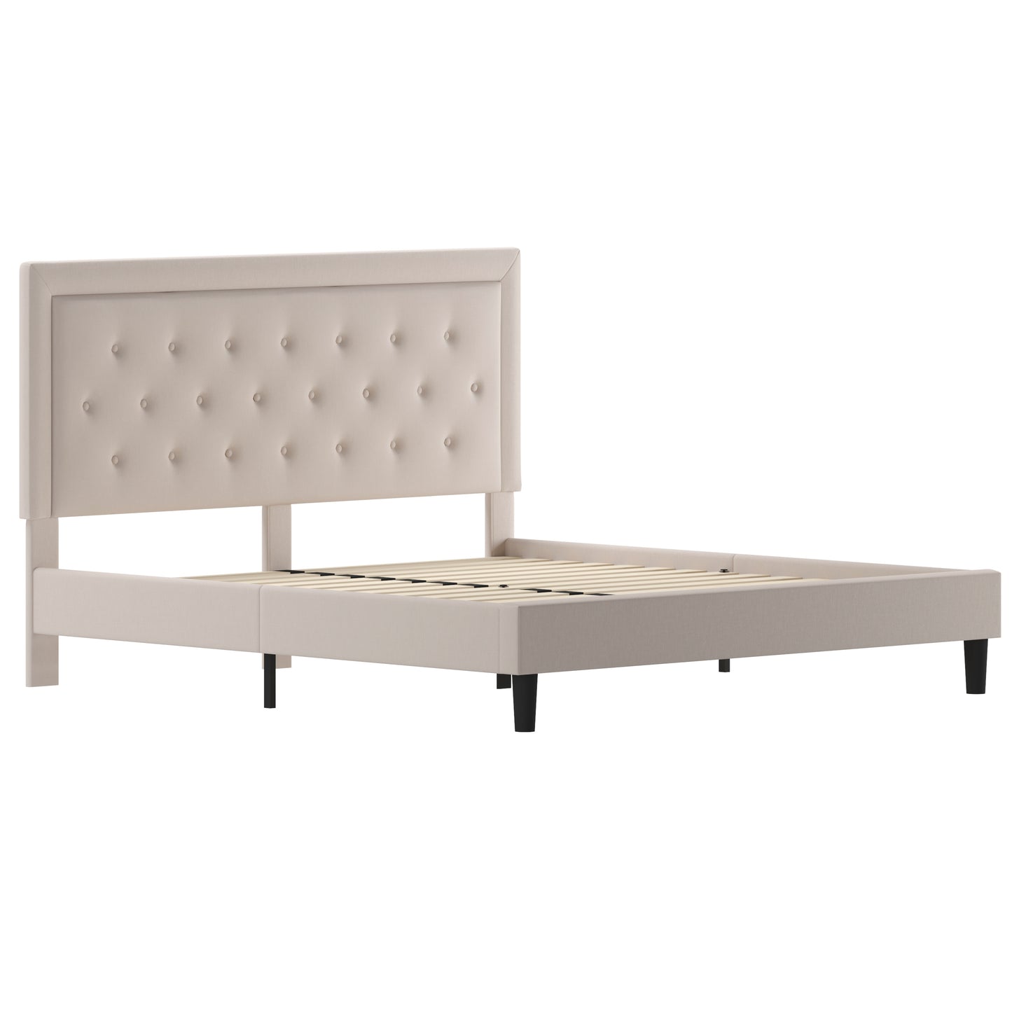 Roxbury King Size Tufted Upholstered Platform Bed in Beige Fabric Beige