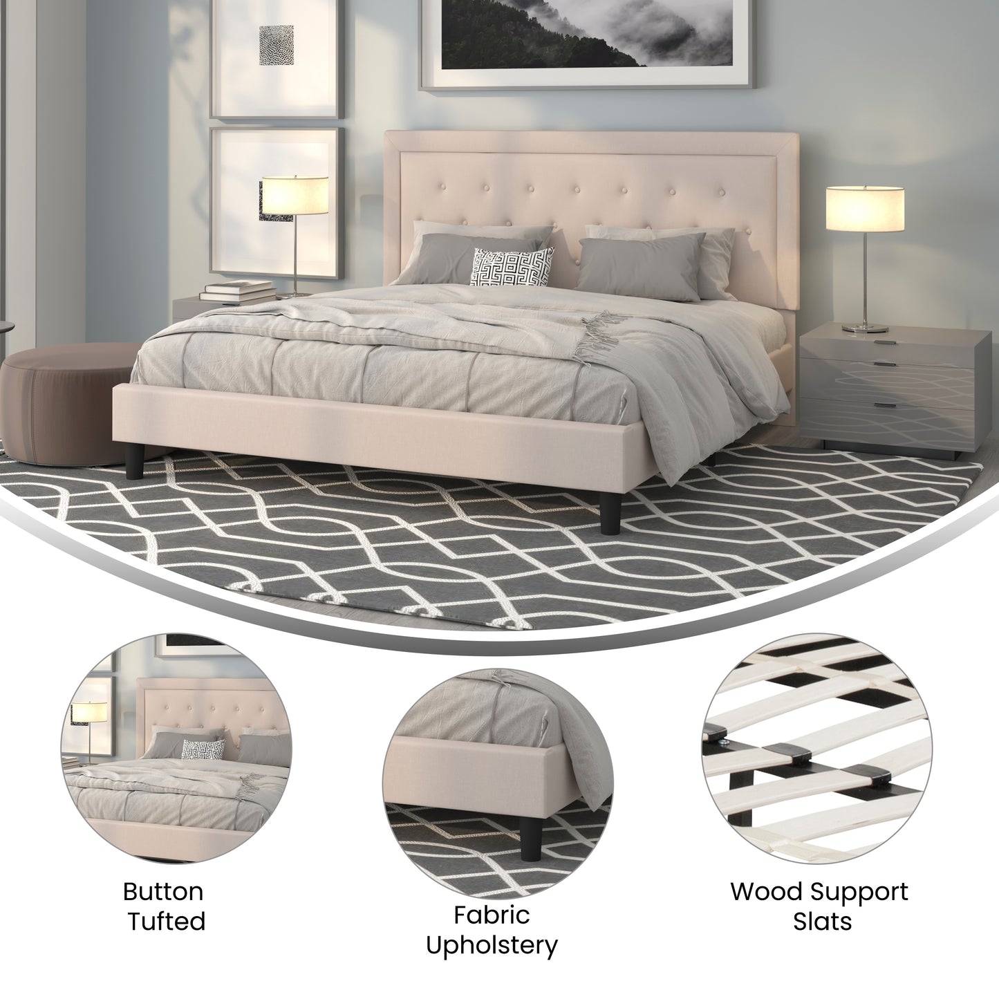 Roxbury King Size Tufted Upholstered Platform Bed in Beige Fabric Beige