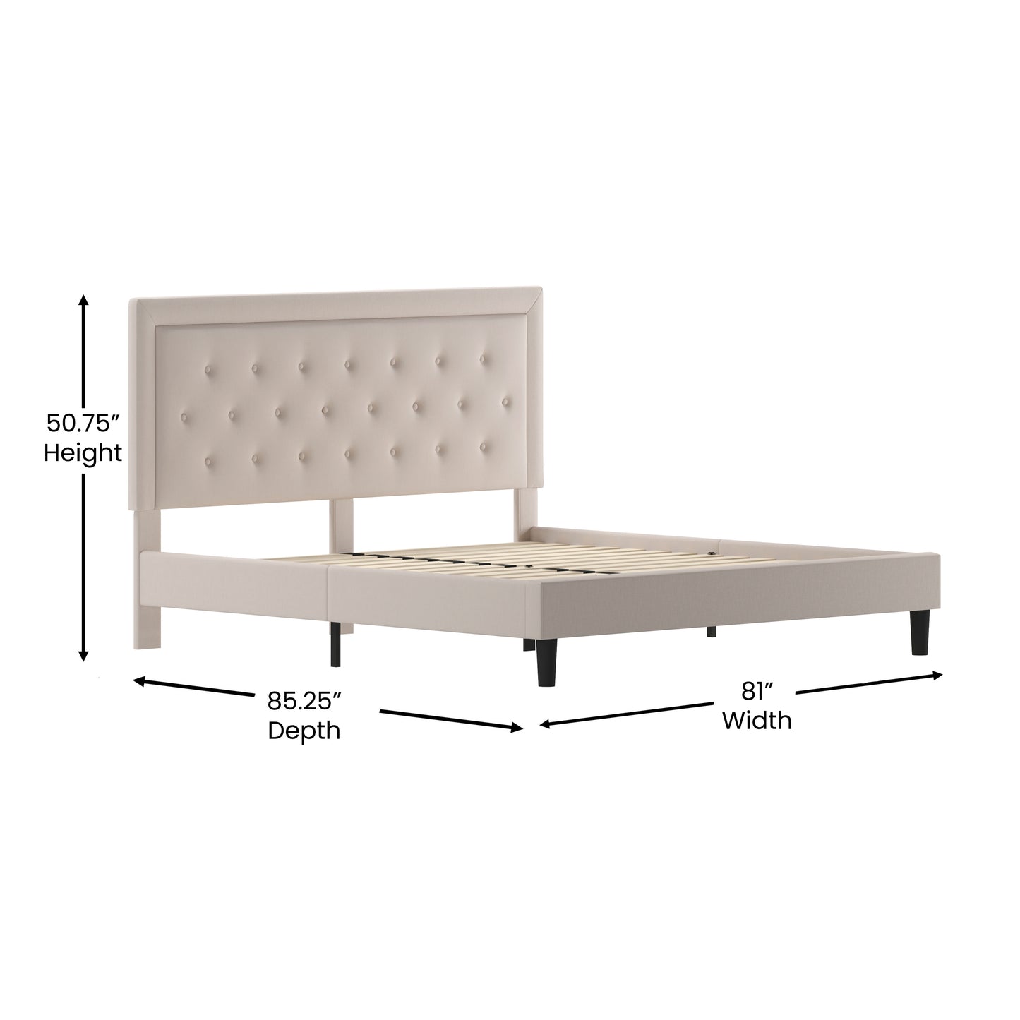 Roxbury King Size Tufted Upholstered Platform Bed in Beige Fabric Beige