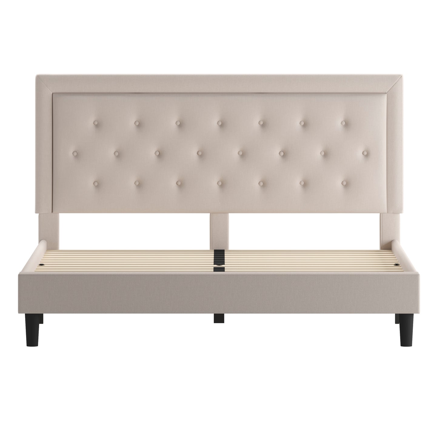 Roxbury King Size Tufted Upholstered Platform Bed in Beige Fabric Beige