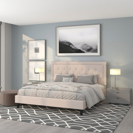 Roxbury King Size Tufted Upholstered Platform Bed in Beige Fabric Beige SL-BK5-K-B-GG