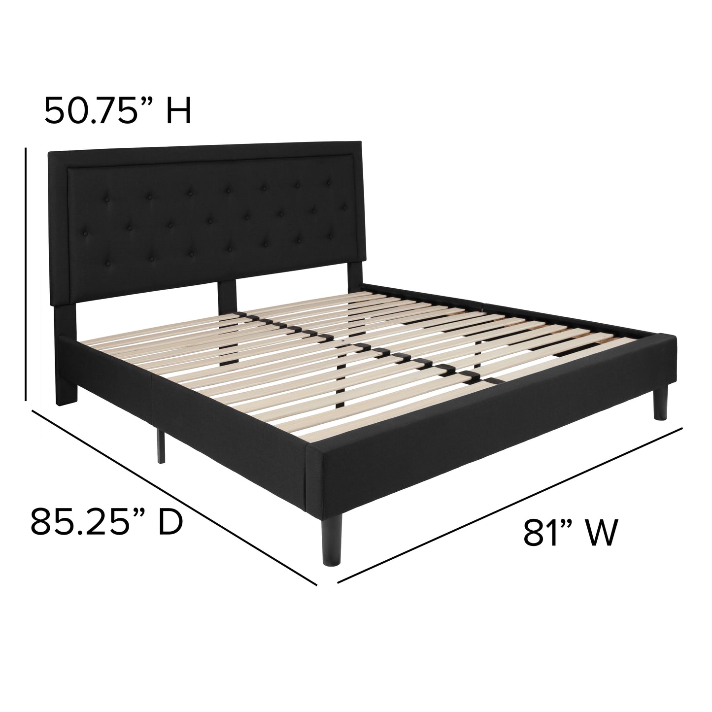 Roxbury King Size Tufted Upholstered Platform Bed in Black Fabric Black