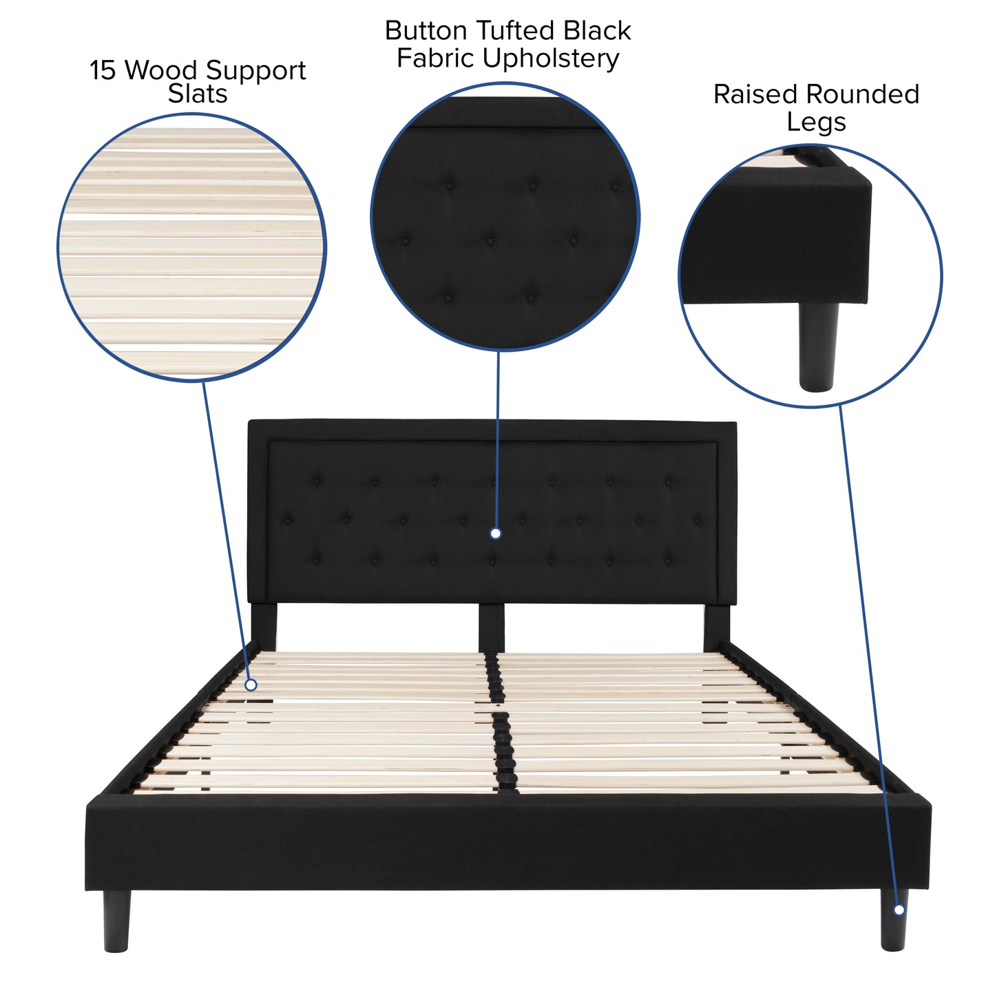 Roxbury King Size Tufted Upholstered Platform Bed in Black Fabric Black