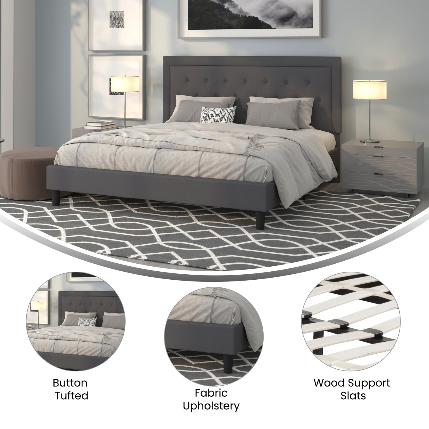 Roxbury King Size Tufted Upholstered Platform Bed in Dark Gray Fabric Dark Gray