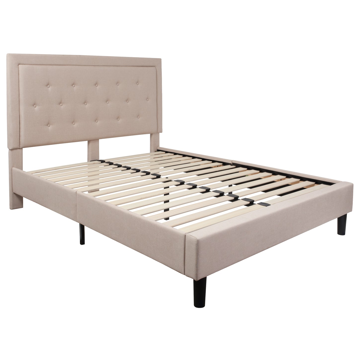 Roxbury Queen Size Tufted Upholstered Platform Bed in Beige Fabric Beige SL-BK5-Q-B-GG