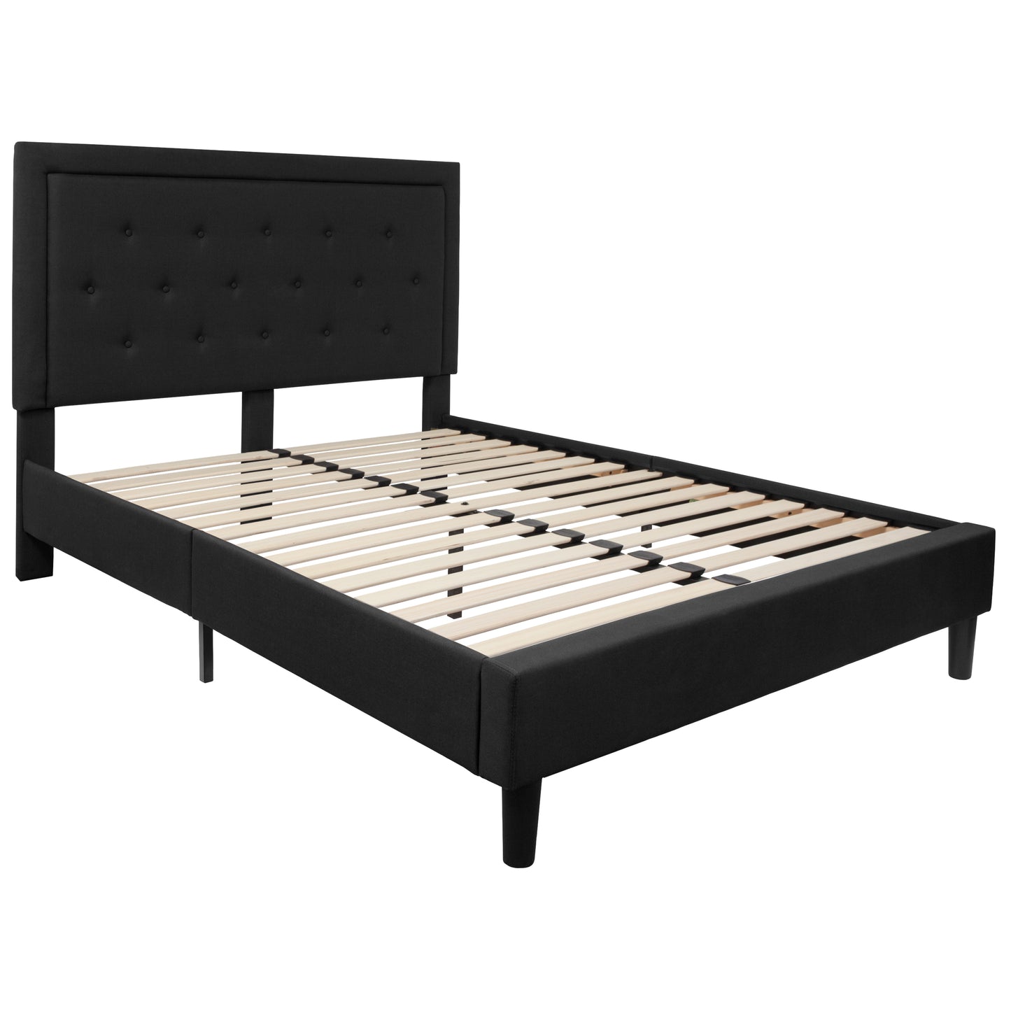Roxbury Queen Size Tufted Upholstered Platform Bed in Black Fabric Black