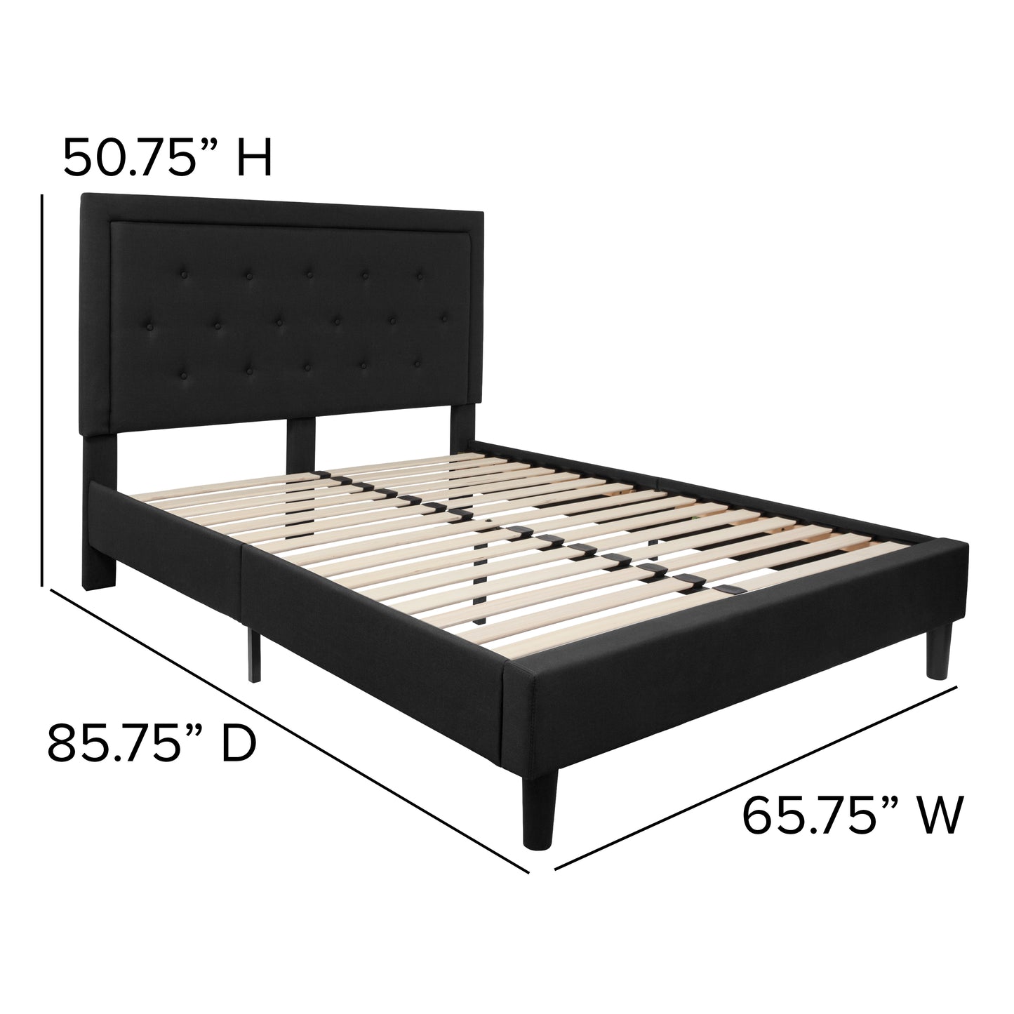 Roxbury Queen Size Tufted Upholstered Platform Bed in Black Fabric Black