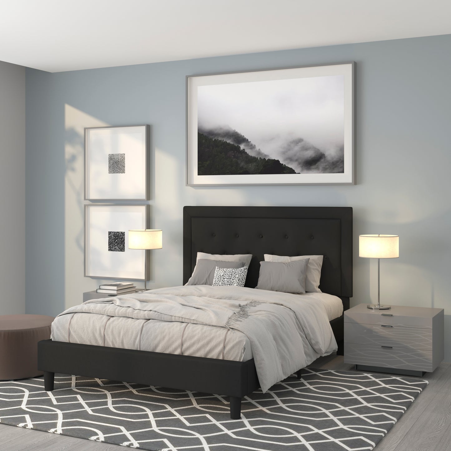 Roxbury Queen Size Tufted Upholstered Platform Bed in Black Fabric Black