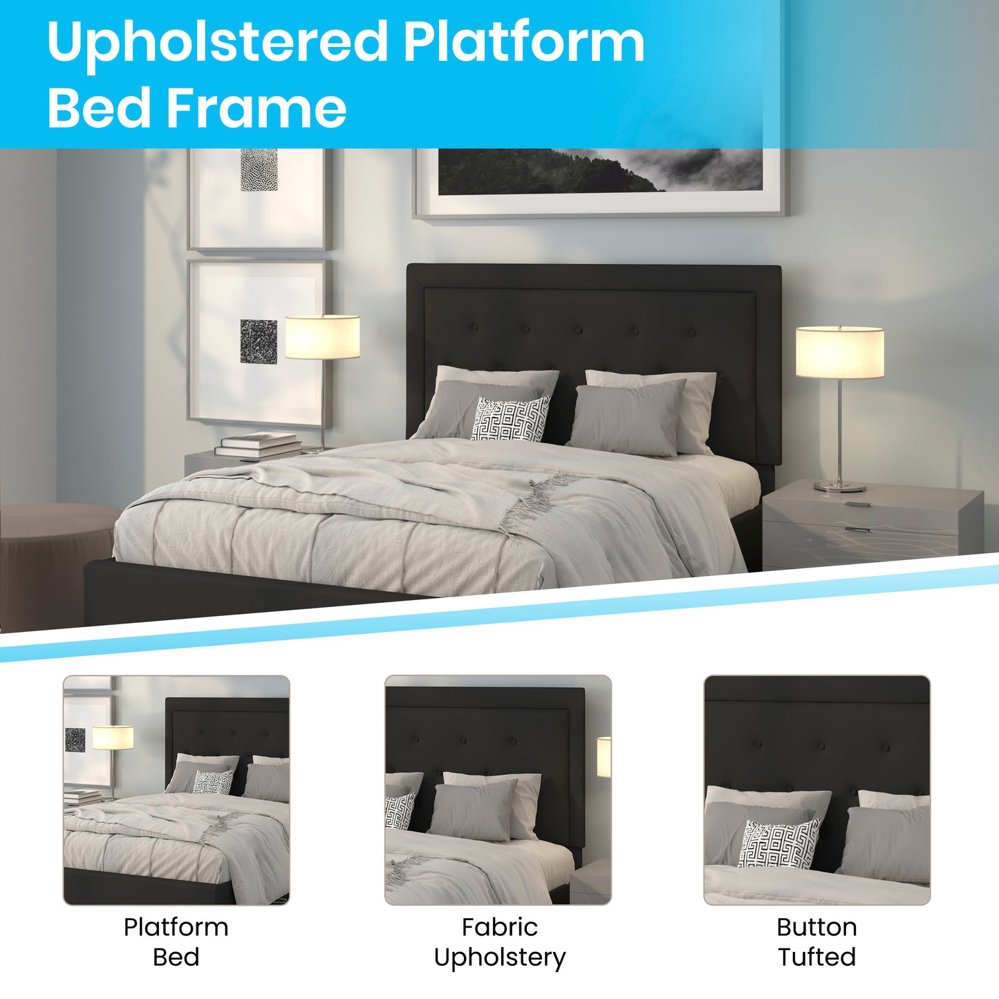 Roxbury Queen Size Tufted Upholstered Platform Bed in Black Fabric Black