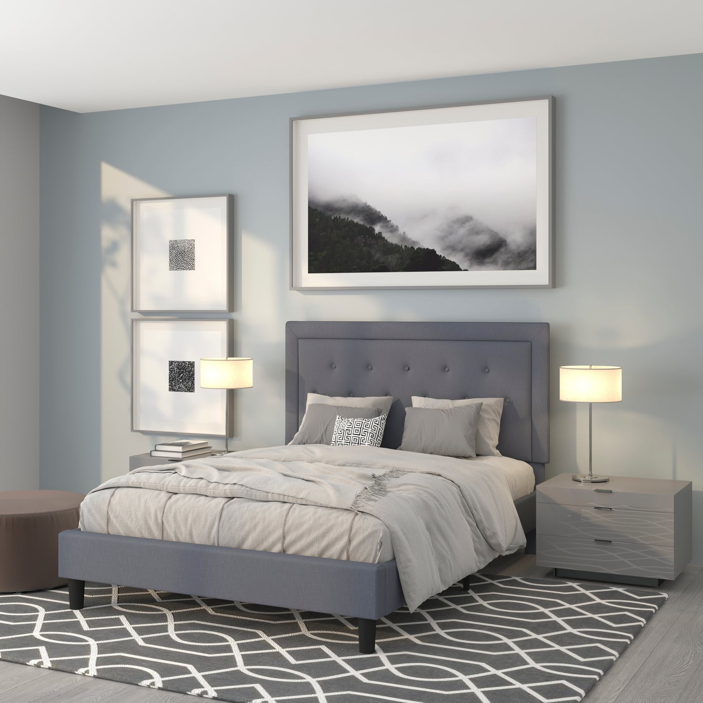 Roxbury Queen Size Tufted Upholstered Platform Bed in Light Gray Fabric Light Gray SL-BK5-Q-LG-GG