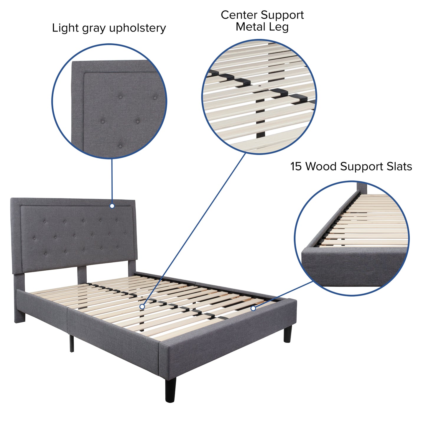 Roxbury Queen Size Tufted Upholstered Platform Bed in Light Gray Fabric Light Gray SL-BK5-Q-LG-GG