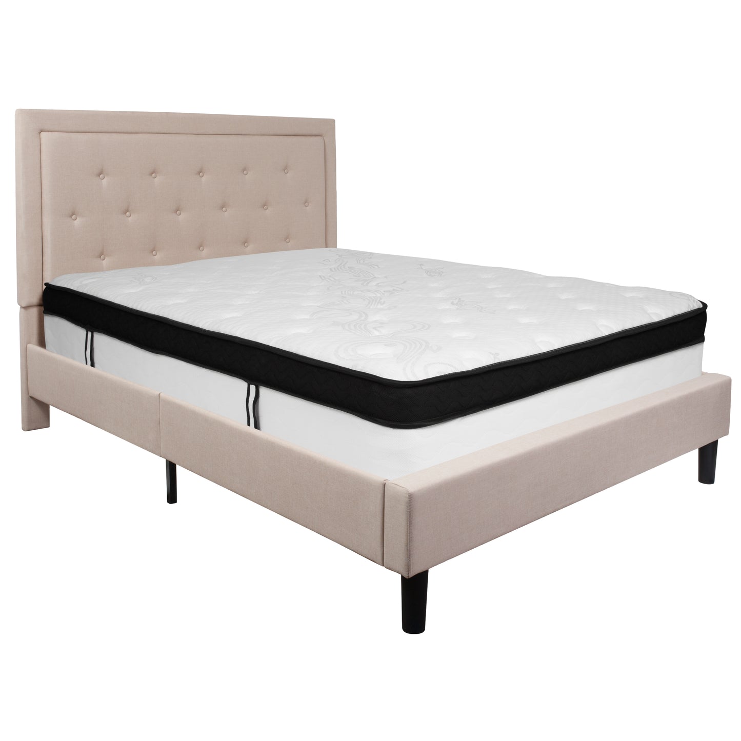 Roxbury Queen Size Tufted Upholstered Platform Bed in Beige Fabric with Memory Foam Mattress Beige SL-BMF-19-GG