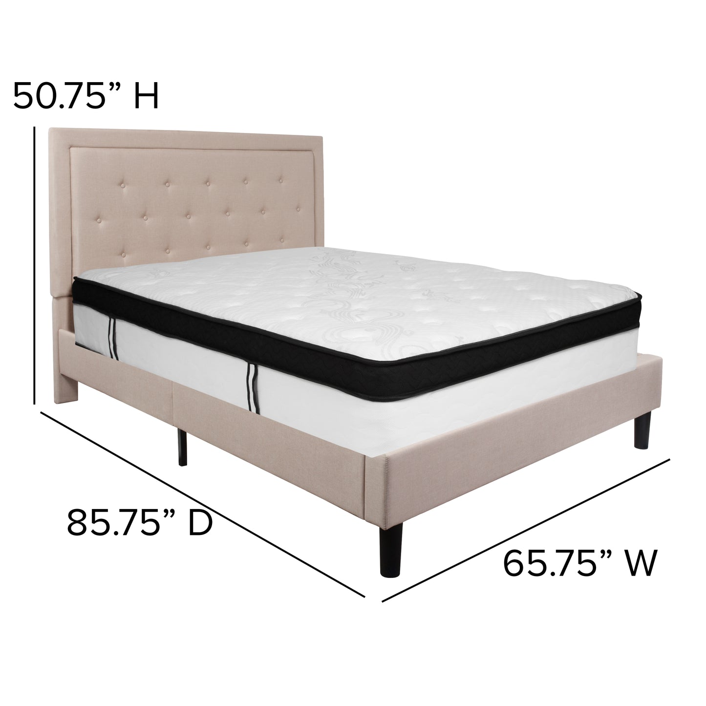 Roxbury Queen Size Tufted Upholstered Platform Bed in Beige Fabric with Memory Foam Mattress Beige SL-BMF-19-GG