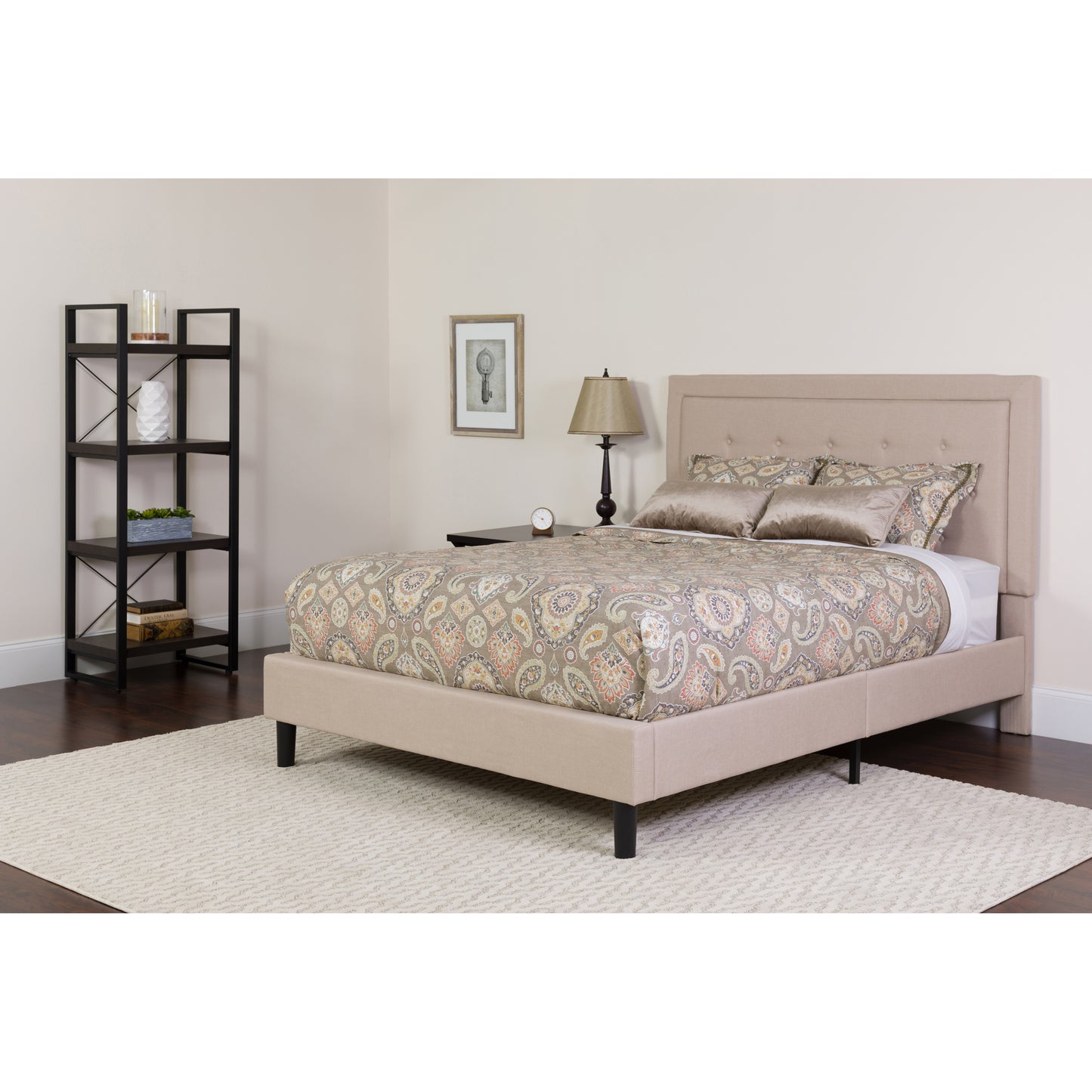 Roxbury Queen Size Tufted Upholstered Platform Bed in Beige Fabric with Memory Foam Mattress Beige SL-BMF-19-GG