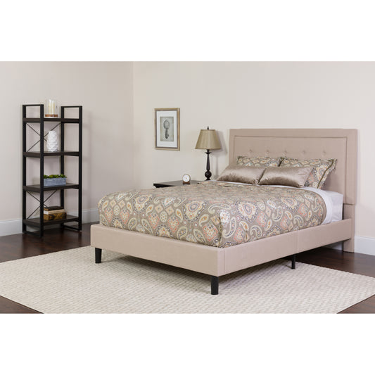 Roxbury Queen Size Tufted Upholstered Platform Bed in Beige Fabric with Memory Foam Mattress Beige SL-BMF-19-GG