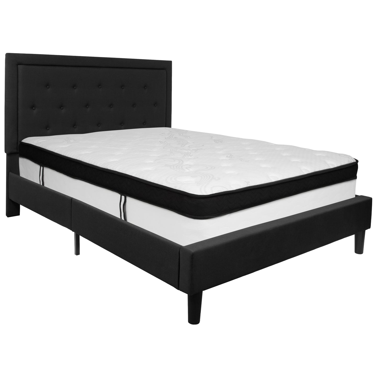 Roxbury Queen Size Tufted Upholstered Platform Bed in Black Fabric with Memory Foam Mattress Black