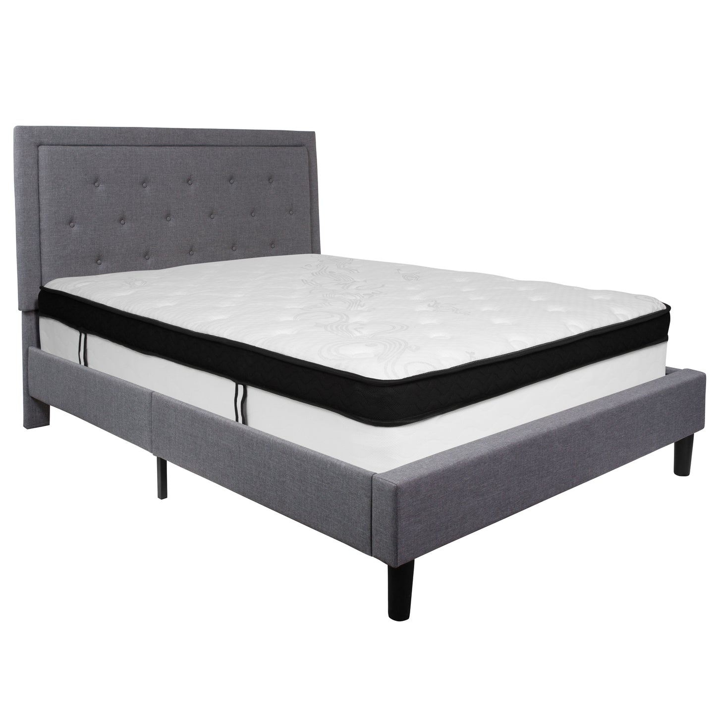 Roxbury Queen Size Tufted Upholstered Platform Bed in Light Gray Fabric with Memory Foam Mattress Light Gray