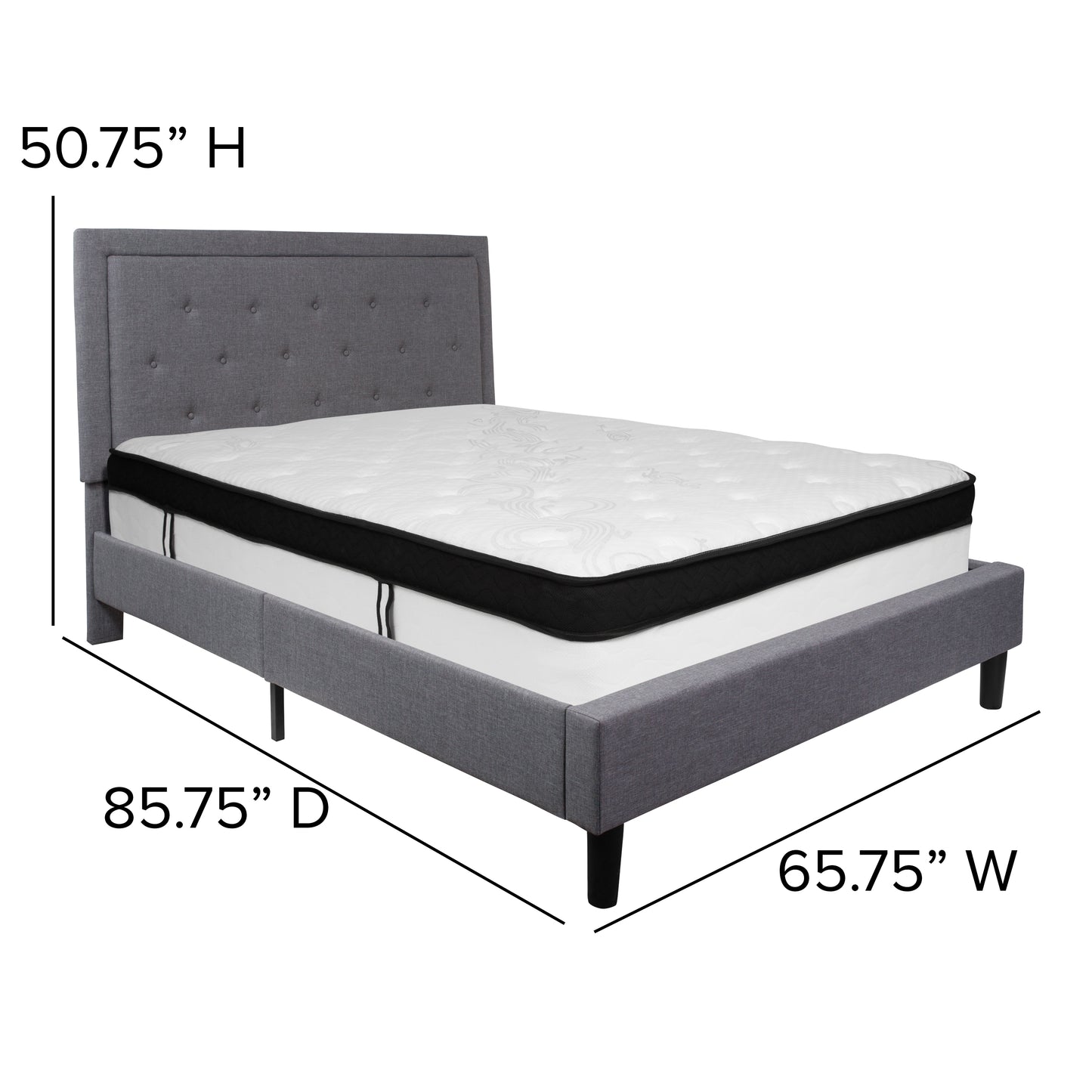 Roxbury Queen Size Tufted Upholstered Platform Bed in Light Gray Fabric with Memory Foam Mattress Light Gray