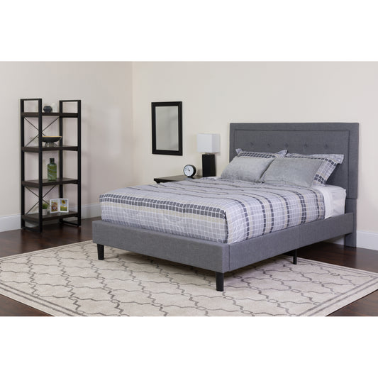 Roxbury Queen Size Tufted Upholstered Platform Bed in Light Gray Fabric with Memory Foam Mattress Light Gray SL-BMF-27-GG