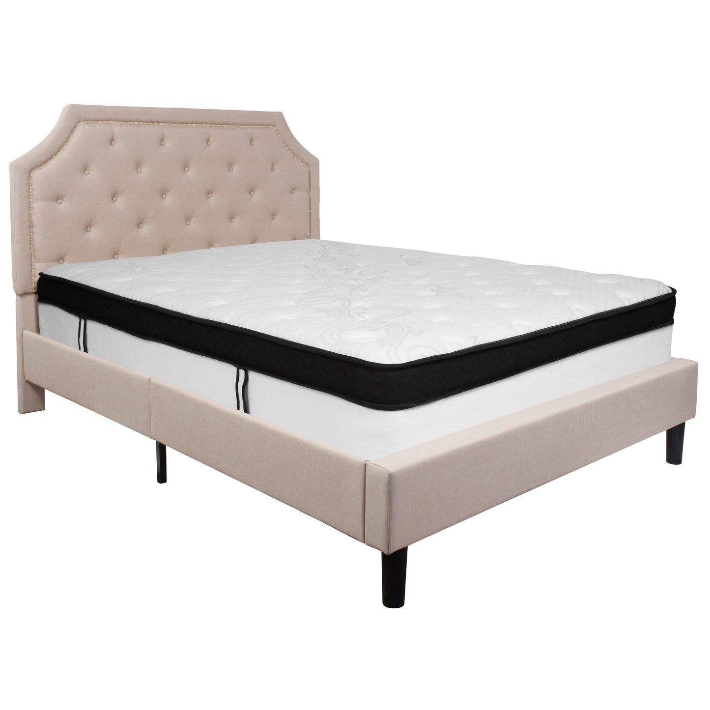 Brighton Queen Size Tufted Upholstered Platform Bed in Beige Fabric with Memory Foam Mattress Beige