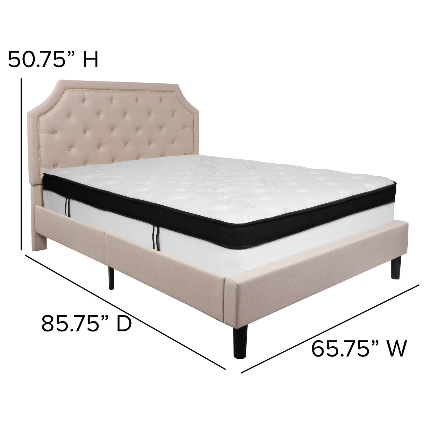 Brighton Queen Size Tufted Upholstered Platform Bed in Beige Fabric with Memory Foam Mattress Beige