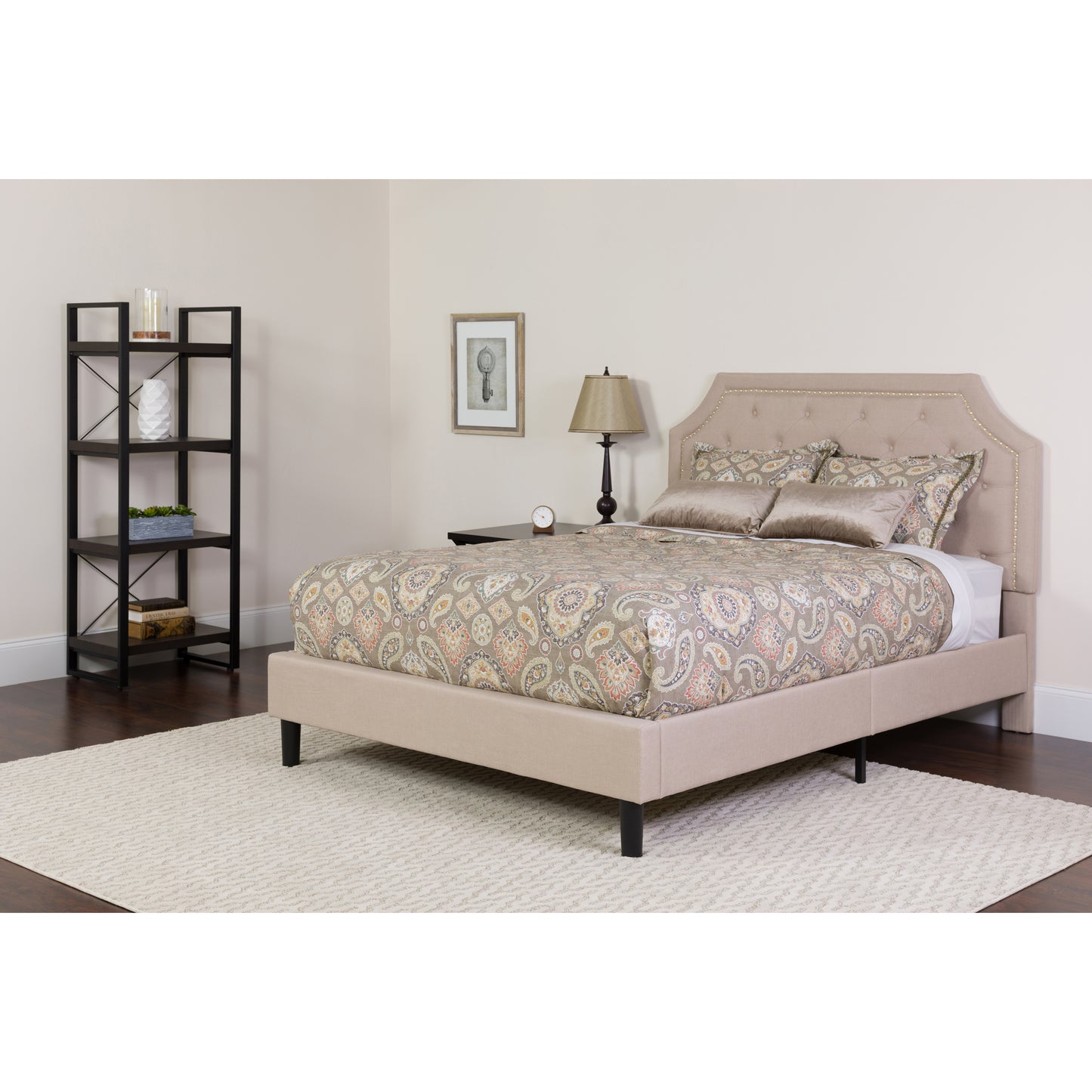 Brighton Queen Size Tufted Upholstered Platform Bed in Beige Fabric with Memory Foam Mattress Beige
