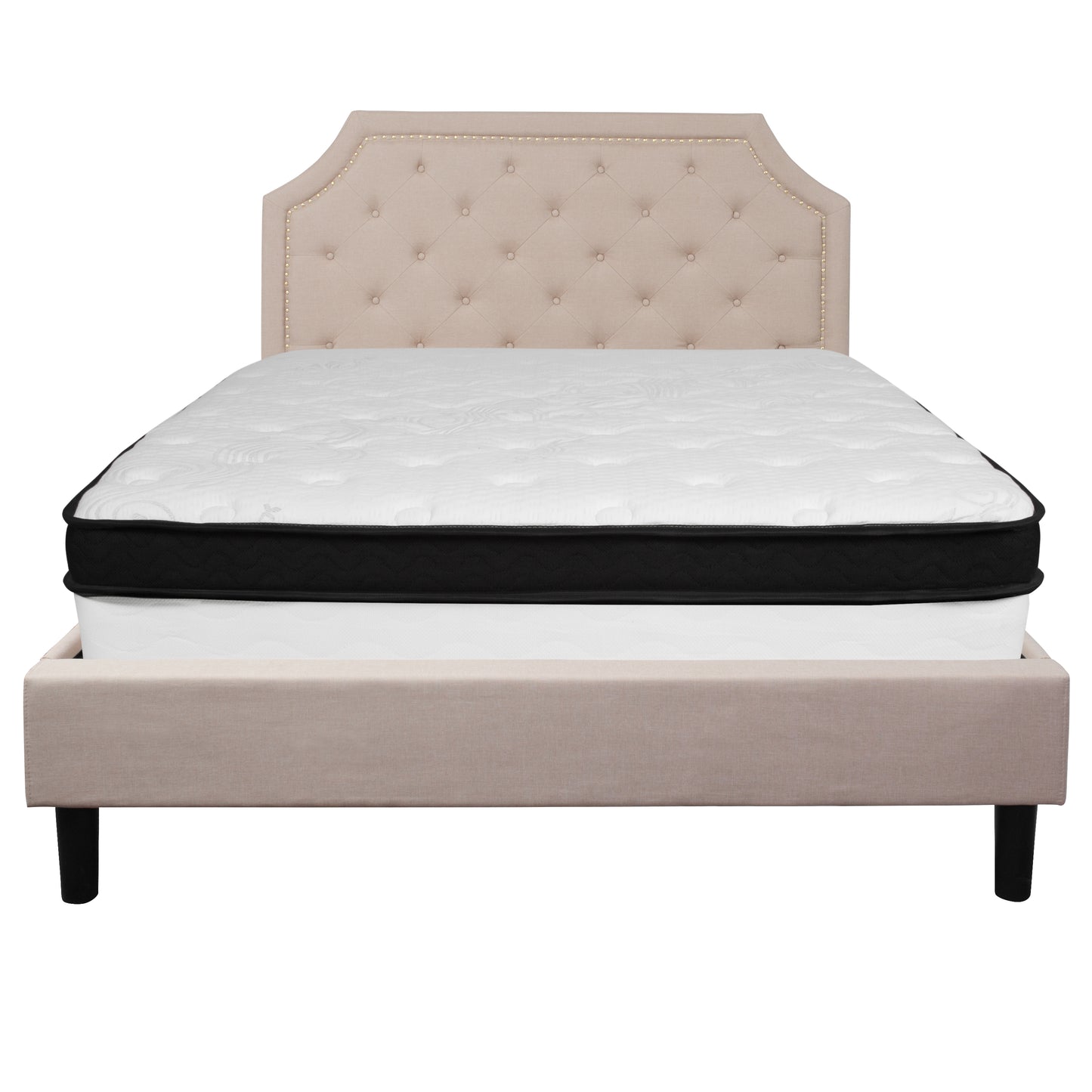 Brighton Queen Size Tufted Upholstered Platform Bed in Beige Fabric with Memory Foam Mattress Beige