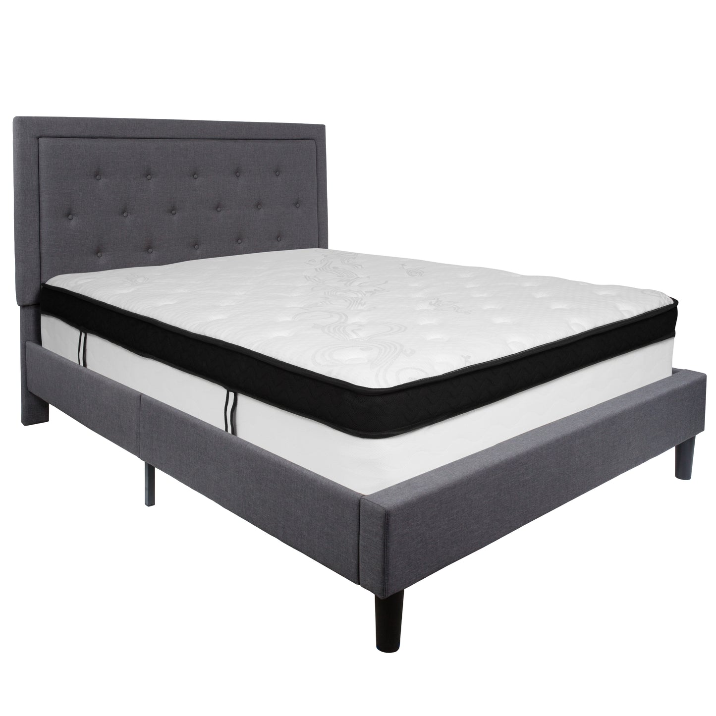 Roxbury Queen Size Tufted Upholstered Platform Bed in Dark Gray Fabric with Memory Foam Mattress Dark Gray