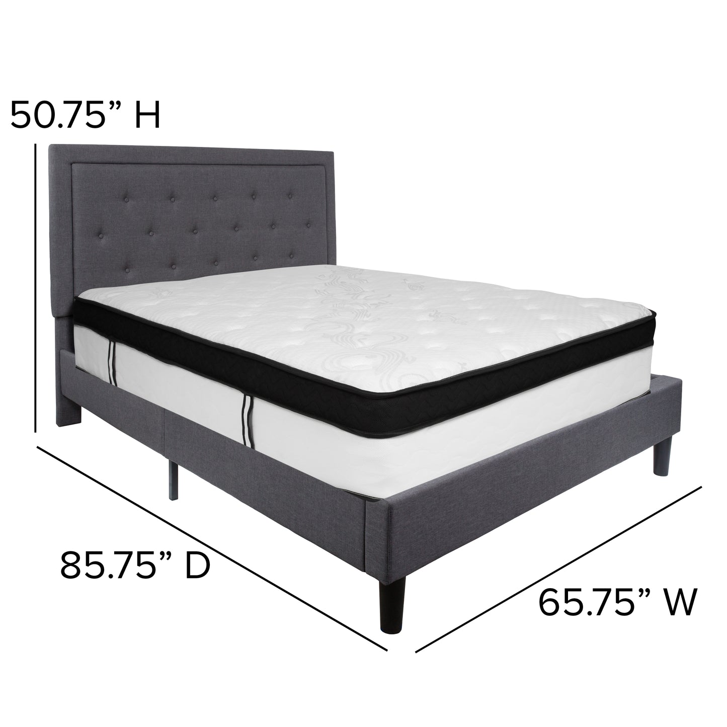 Roxbury Queen Size Tufted Upholstered Platform Bed in Dark Gray Fabric with Memory Foam Mattress Dark Gray