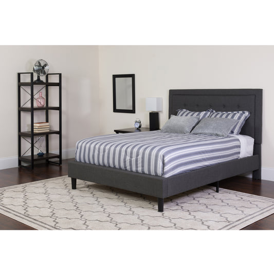 Roxbury Queen Size Tufted Upholstered Platform Bed in Dark Gray Fabric with Memory Foam Mattress Dark Gray SL-BMF-31-GG