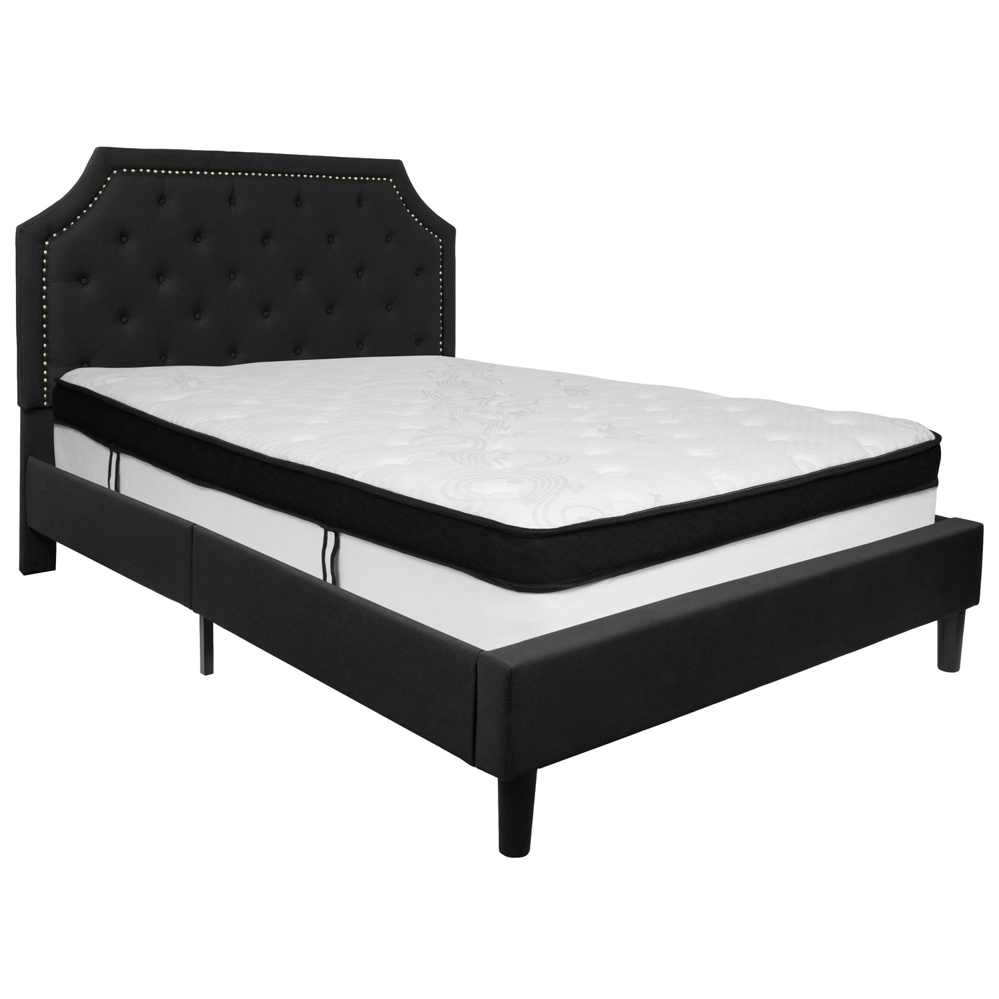 Brighton Queen Size Tufted Upholstered Platform Bed in Black Fabric with Memory Foam Mattress Black SL-BMF-7-GG