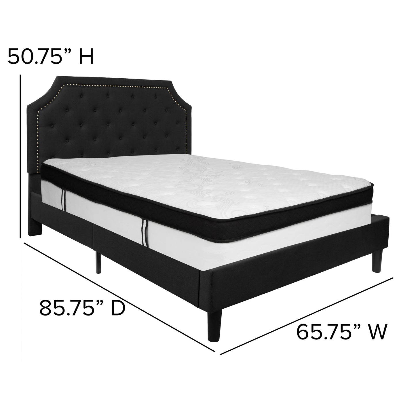 Brighton Queen Size Tufted Upholstered Platform Bed in Black Fabric with Memory Foam Mattress Black SL-BMF-7-GG