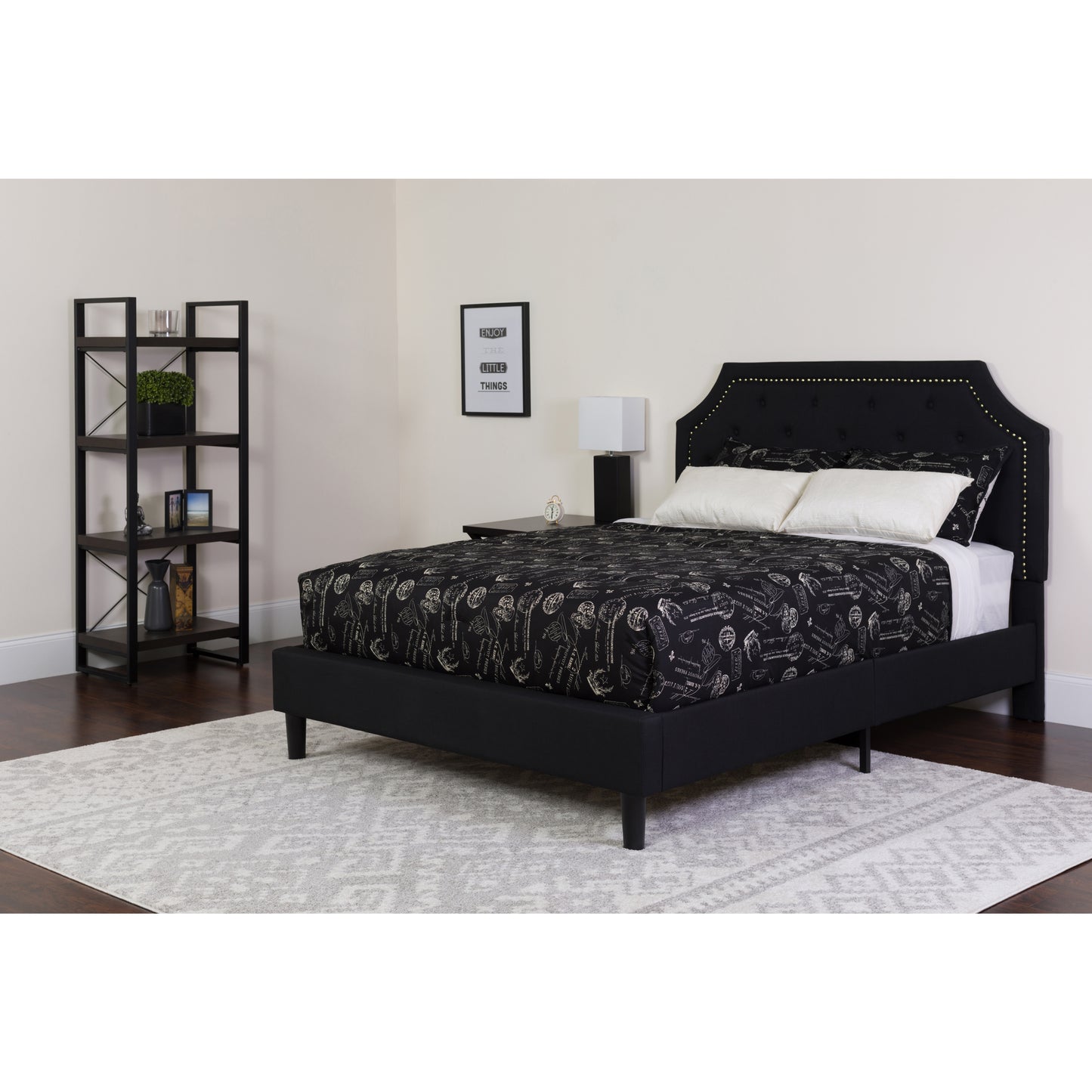 Brighton Queen Size Tufted Upholstered Platform Bed in Black Fabric with Memory Foam Mattress Black SL-BMF-7-GG
