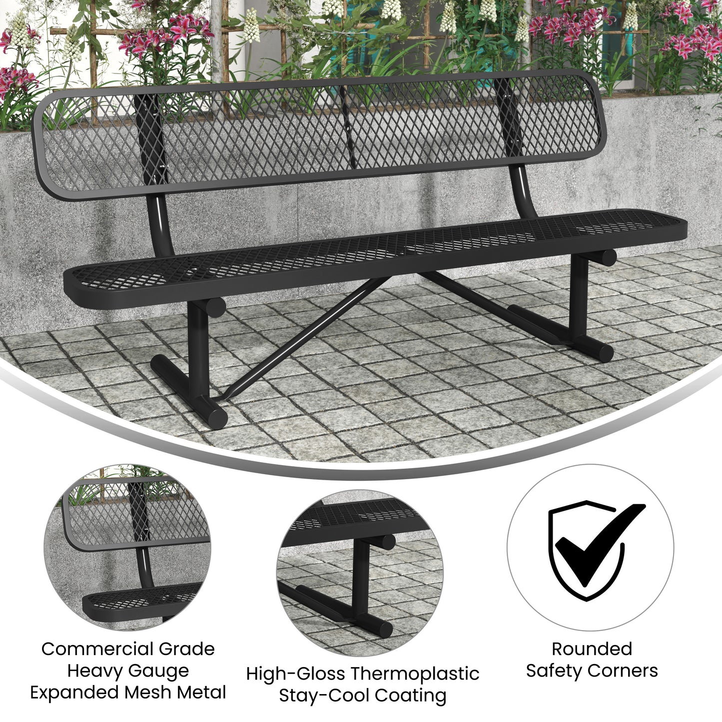 Sigrid 6' Outdoor Bench with Backrest, Commercial Grade Expanded Metal Mesh Seat and Backrest and Steel Frame in Black Black