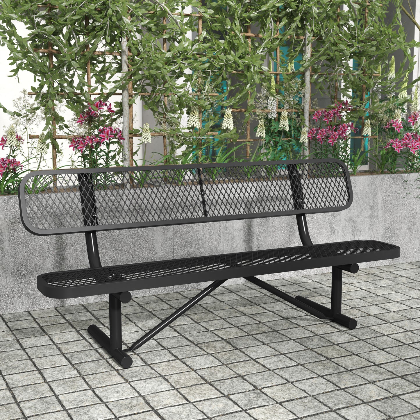Sigrid 6' Outdoor Bench with Backrest, Commercial Grade Expanded Metal Mesh Seat and Backrest and Steel Frame in Black Black
