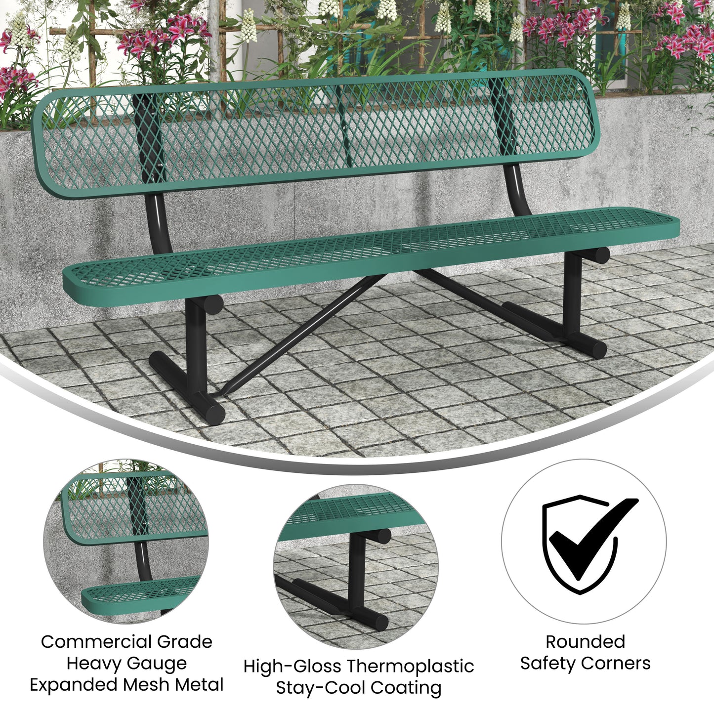 Sigrid 6' Outdoor Bench with Backrest, Commercial Grade Green Expanded Metal Mesh Seat and Backrest and Black Steel Frame Green