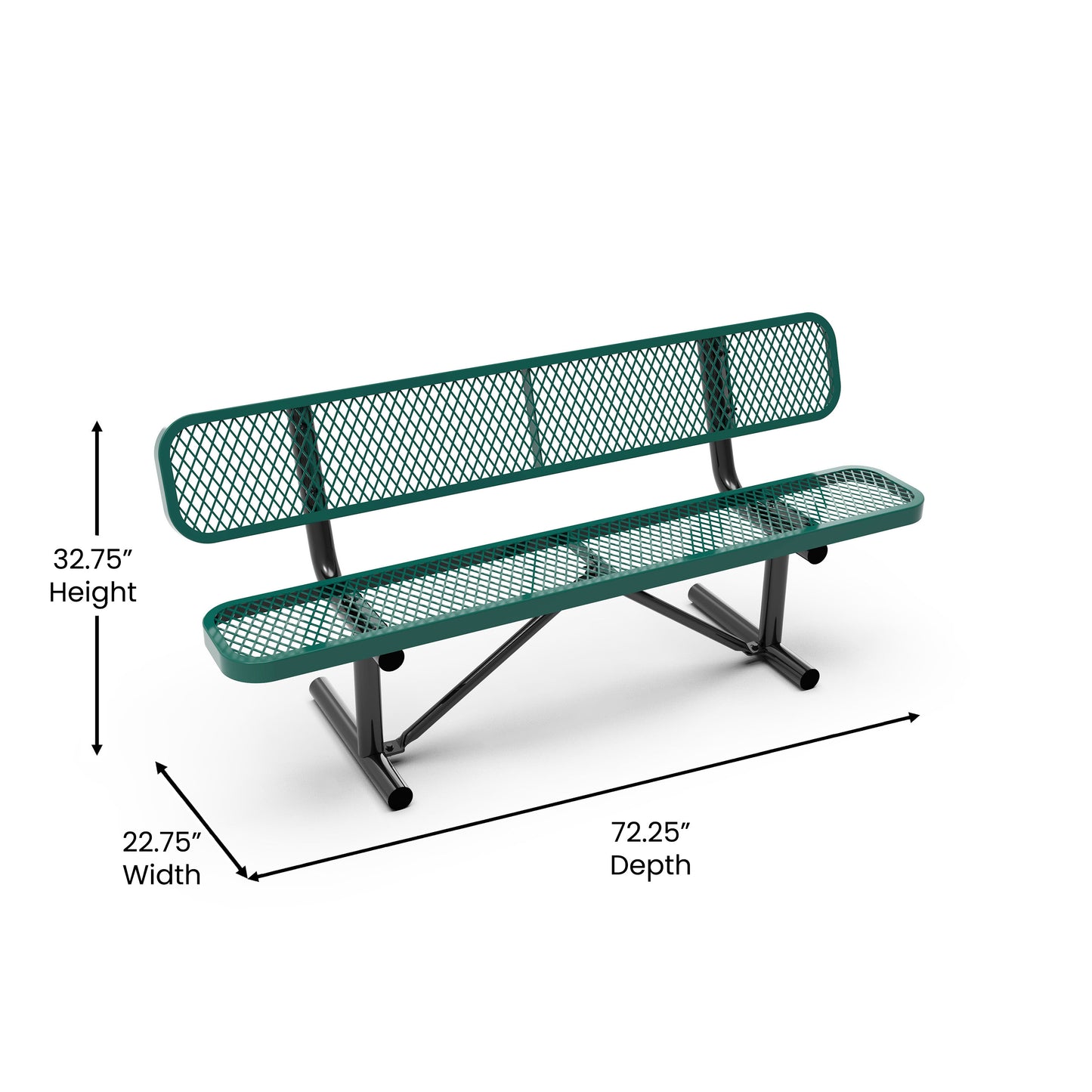 Sigrid 6' Outdoor Bench with Backrest, Commercial Grade Green Expanded Metal Mesh Seat and Backrest and Black Steel Frame Green