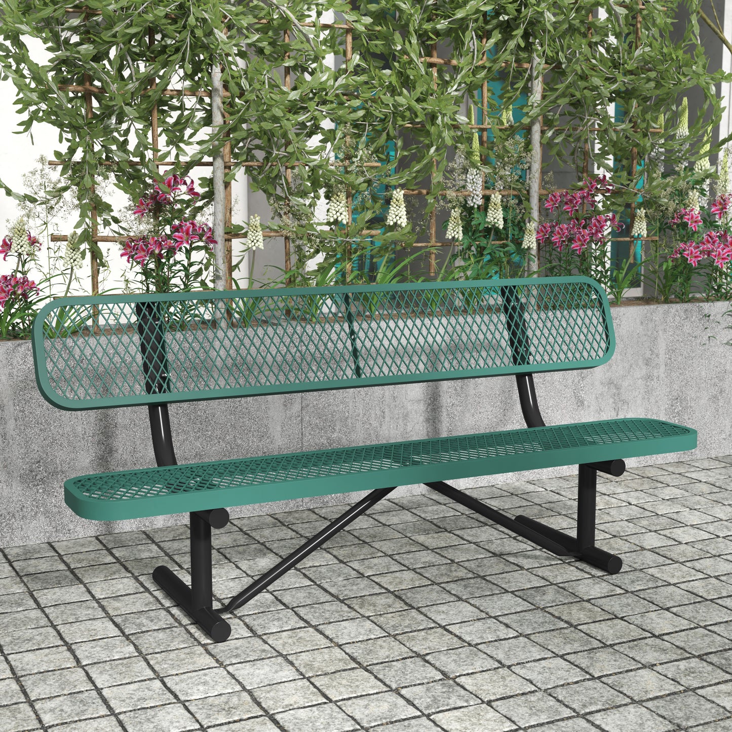 Sigrid 6' Outdoor Bench with Backrest, Commercial Grade Green Expanded Metal Mesh Seat and Backrest and Black Steel Frame Green