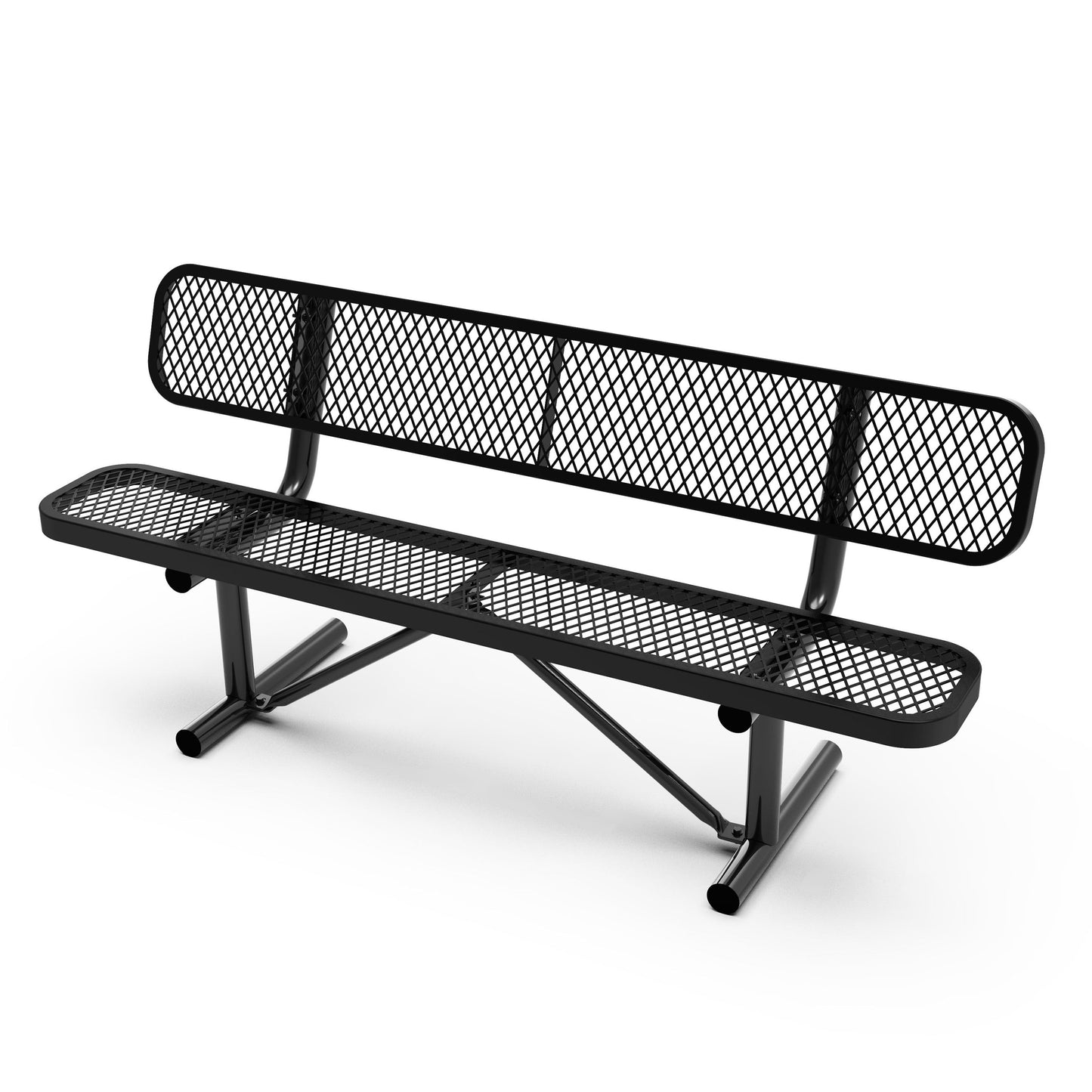 Sigrid 6' Outdoor Bench with Backrest, Commercial Grade Expanded Metal Mesh Seat and Backrest and Steel Frame in Black with Anchors Black