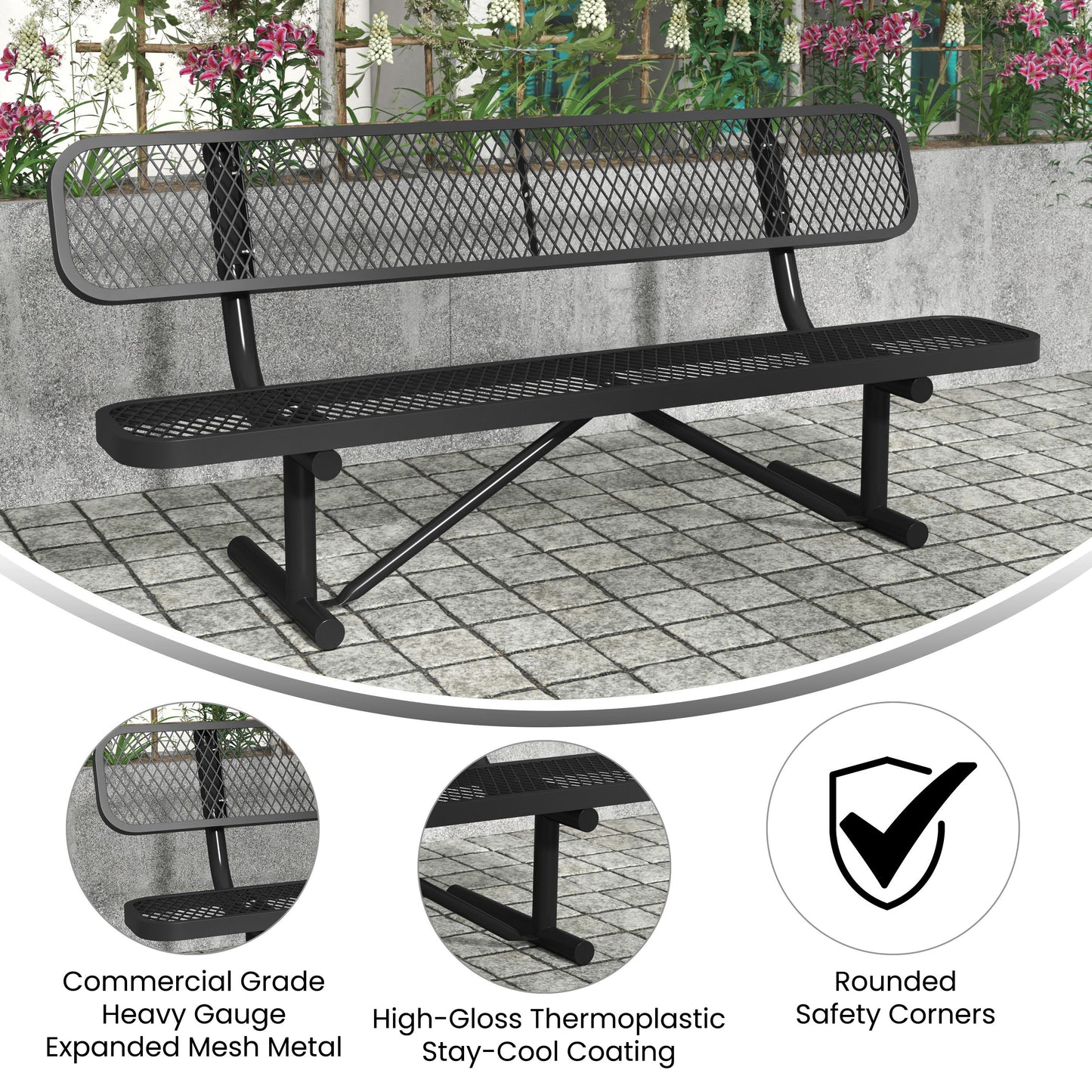 Sigrid 6' Outdoor Bench with Backrest, Commercial Grade Expanded Metal Mesh Seat and Backrest and Steel Frame in Black with Anchors Black