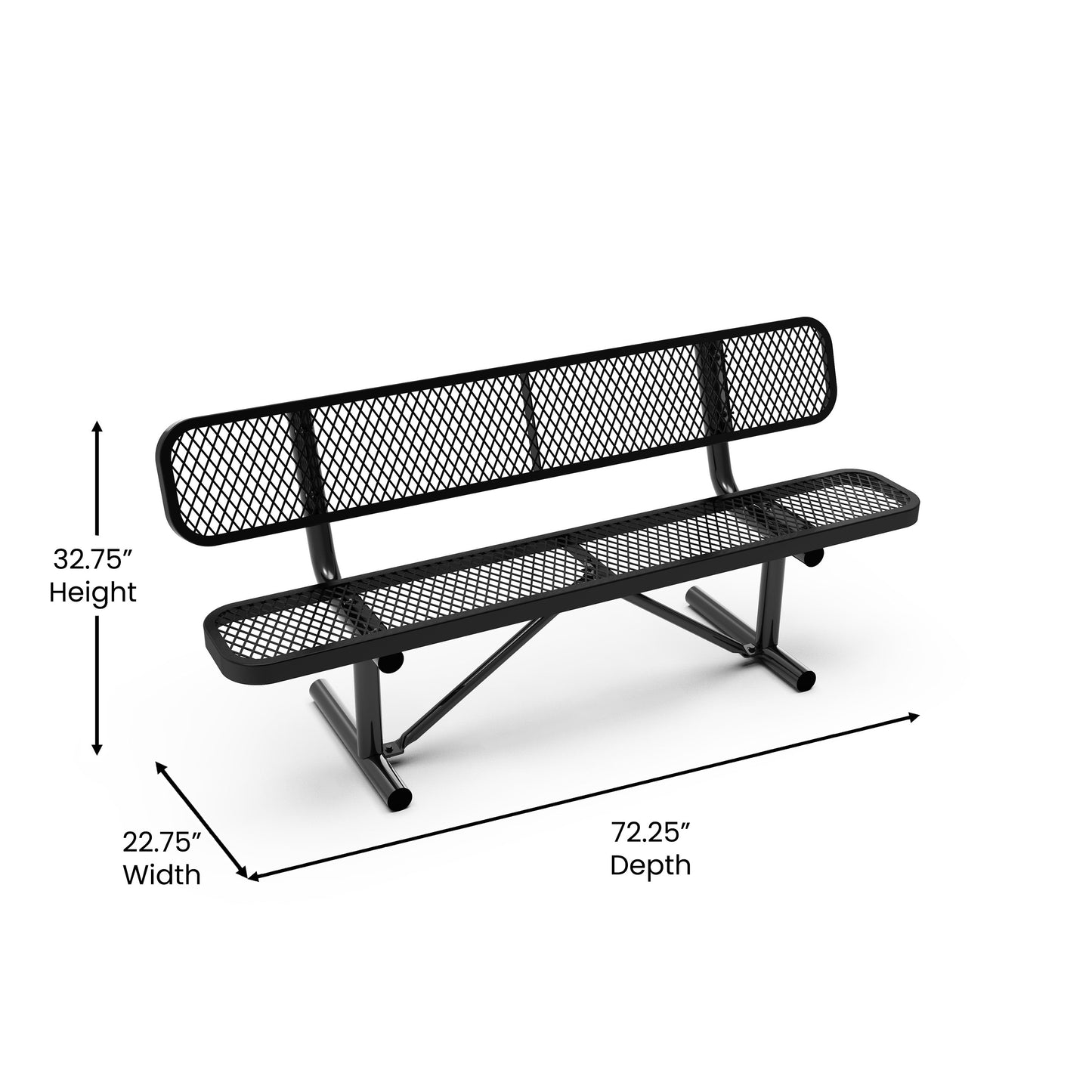 Sigrid 6' Outdoor Bench with Backrest, Commercial Grade Expanded Metal Mesh Seat and Backrest and Steel Frame in Black with Anchors Black