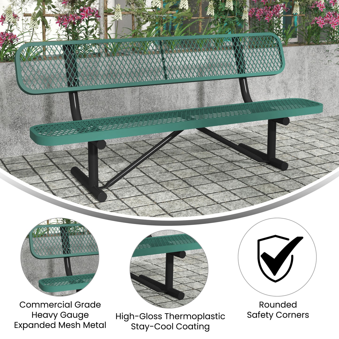 Sigrid 6' Outdoor Bench with Backrest, Commercial Grade Green Expanded Metal Mesh Seat and Backrest and Black Steel Frame with Anchors Green