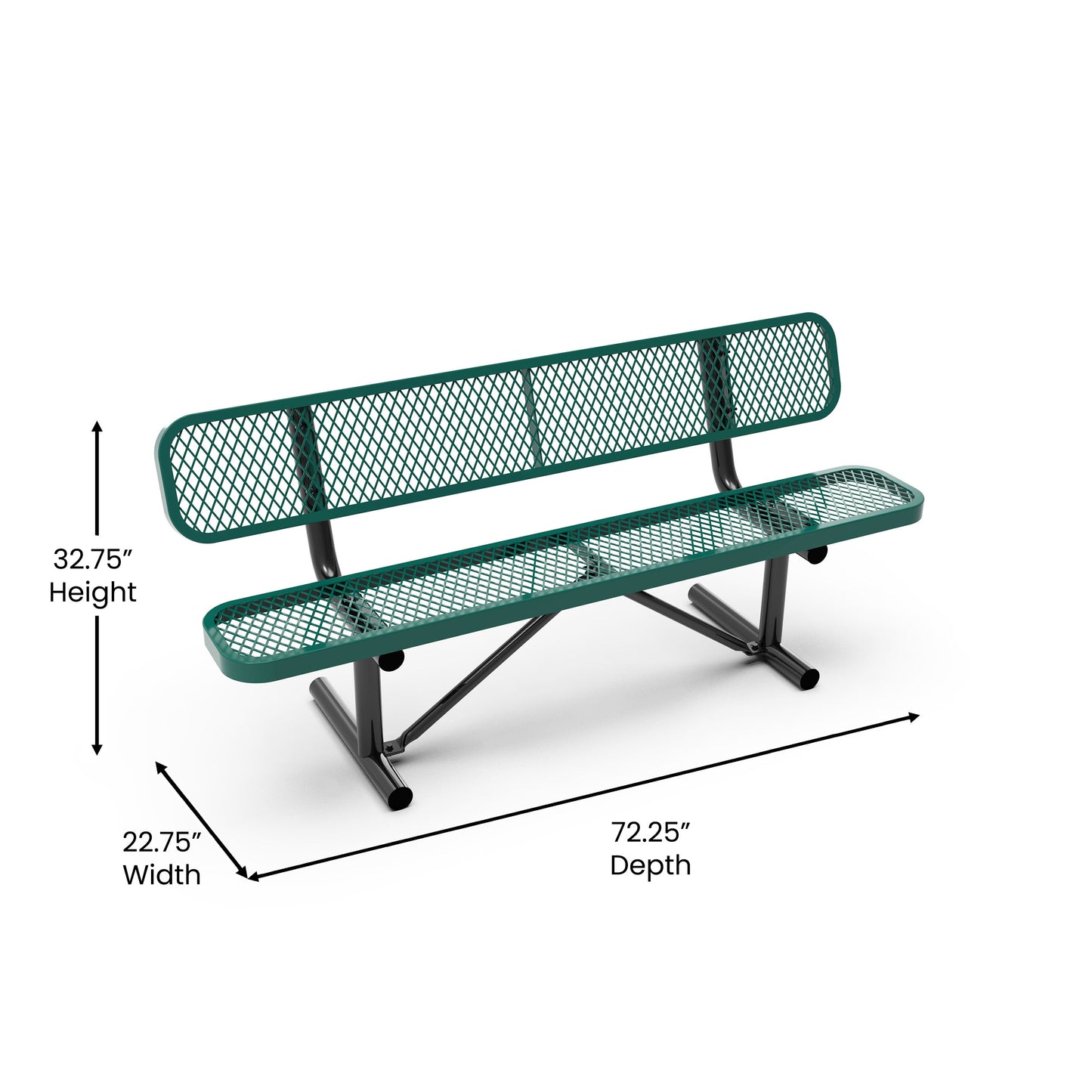 Sigrid 6' Outdoor Bench with Backrest, Commercial Grade Green Expanded Metal Mesh Seat and Backrest and Black Steel Frame with Anchors Green