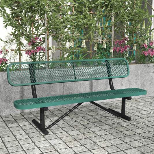 Sigrid 6' Outdoor Bench with Backrest, Commercial Grade Green Expanded Metal Mesh Seat and Backrest and Black Steel Frame with Anchors Green