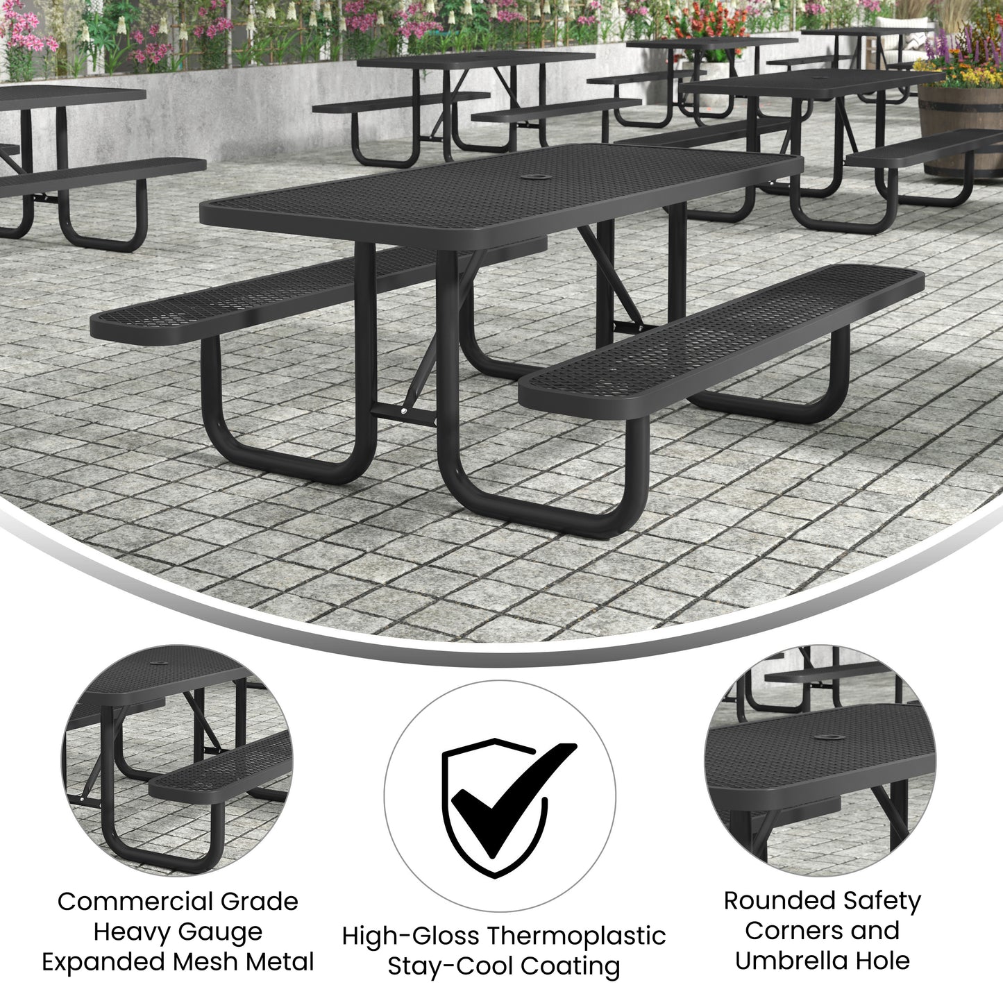 Mantilla 6' Rectangular Outdoor Picnic Table with Commercial Heavy Gauge Expanded Metal Mesh Top and Seats and Steel Frame in Black Black